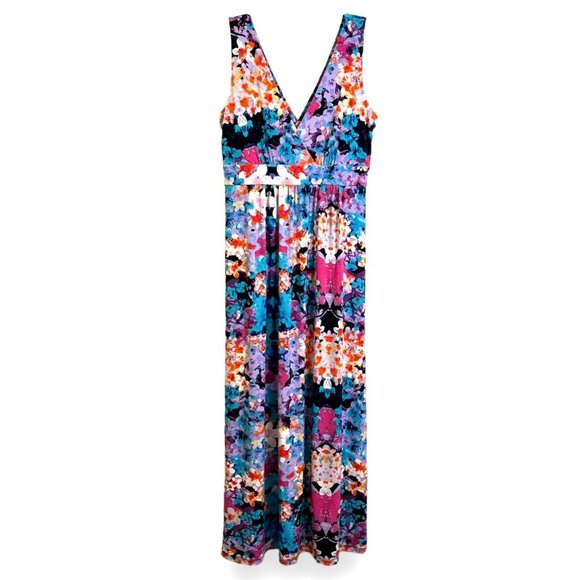 Nicole Miller Y2K Babydoll Maxi Dress Medium Abstract Multicolor Tropical Fairy - Picture 1 of 9